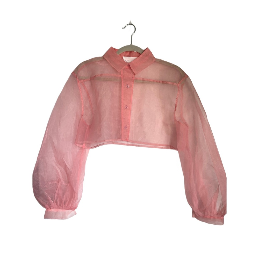 Anthropologie Coral Pink Sheer Cropped Shirt Balloon Sleeves One Size Coquette